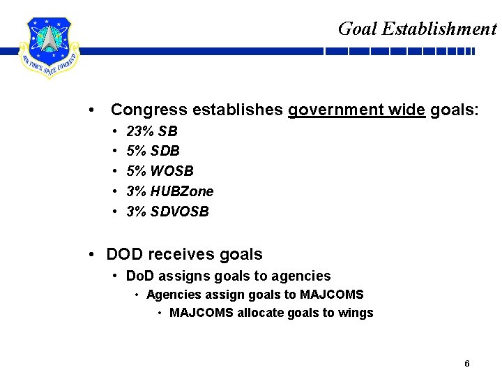 Goal Establishment • Congress establishes government wide goals: • • • 23% SB 5%