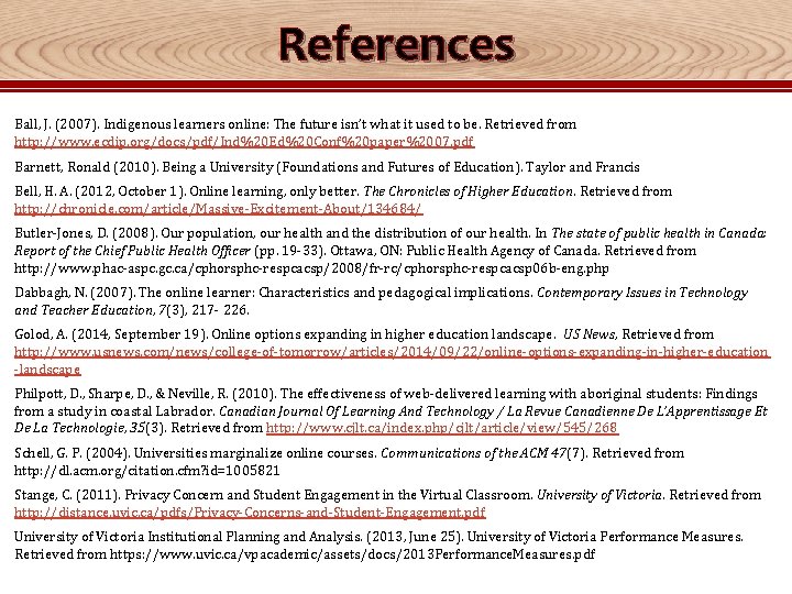References Ball, J. (2007). Indigenous learners online: The future isn’t what it used to
