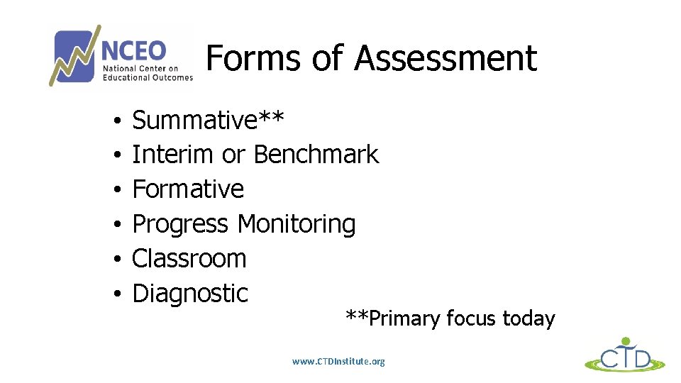 Forms of Assessment • • • Summative** Interim or Benchmark Formative Progress Monitoring Classroom