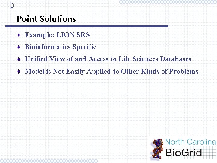 Point Solutions Example: LION SRS Bioinformatics Specific Unified View of and Access to Life