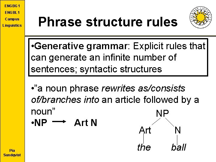ENGBG 1 ENGBL 1 Campus Linguistics Phrase structure rules • Generative grammar: Explicit rules