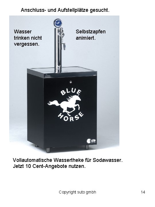 Anschluss- und Aufstellplätze gesucht. Wasser trinken nicht vergessen. Selbstzapfen animiert. Vollautomatische Wassertheke für Sodawasser.