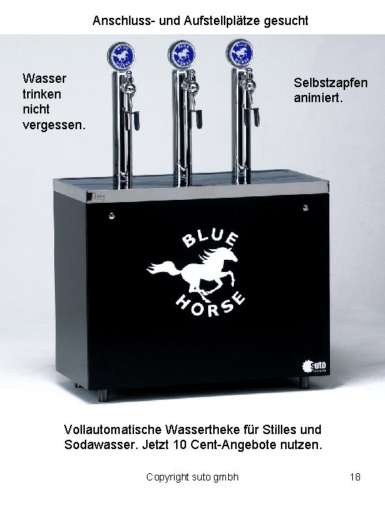 Anschluss- und Aufstellplätze gesucht Wasser trinken nicht vergessen. Selbstzapfen animiert. Vollautomatische Wassertheke für Stilles