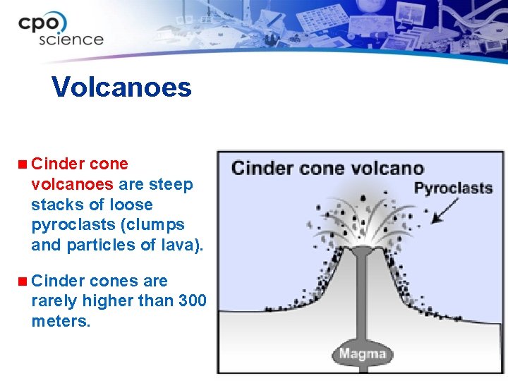 Volcanoes n Cinder cone volcanoes are steep stacks of loose pyroclasts (clumps and particles