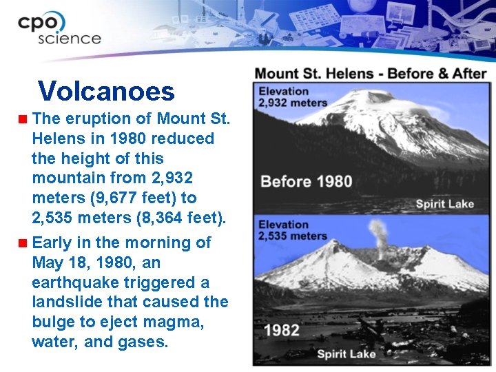 Volcanoes n The eruption of Mount St. Helens in 1980 reduced the height of