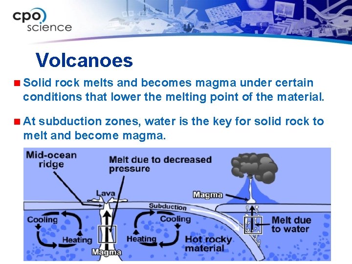 Volcanoes n Solid rock melts and becomes magma under certain conditions that lower the