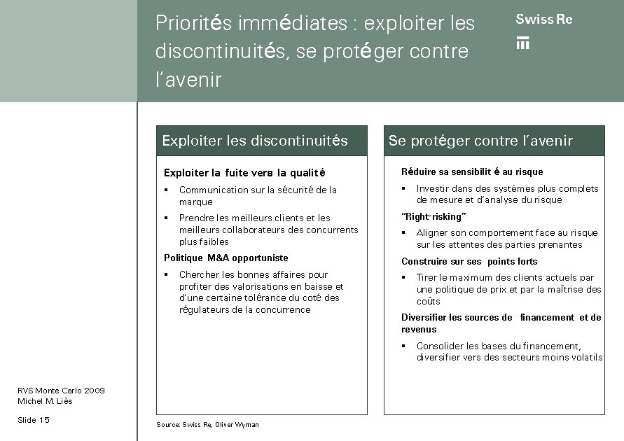 Priorités immédiates : exploiter les discontinuités, se protéger contre l’avenir Exploiter les discontinuités Se