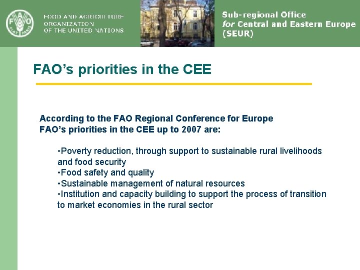 FAO’s priorities in the CEE According to the FAO Regional Conference for Europe FAO’s