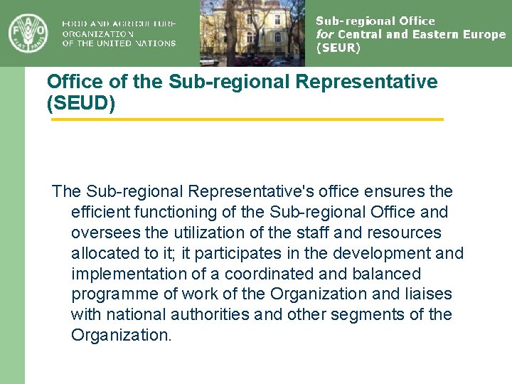 Office of the Sub-regional Representative (SEUD) The Sub-regional Representative's office ensures the efficient functioning