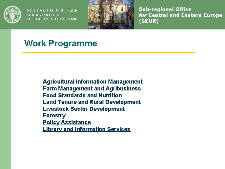 Work Programme Agricultural Information Management Farm Management and Agribusiness Food Standards and Nutrition Land