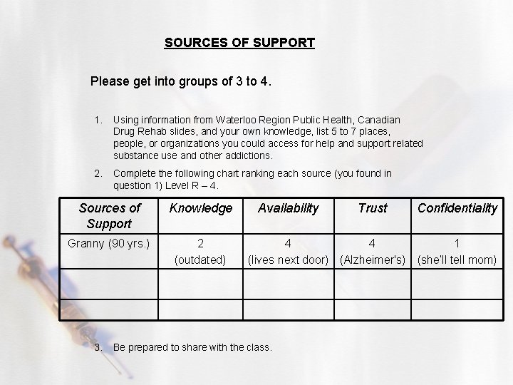 SOURCES OF SUPPORT Please get into groups of 3 to 4. 1. Using information