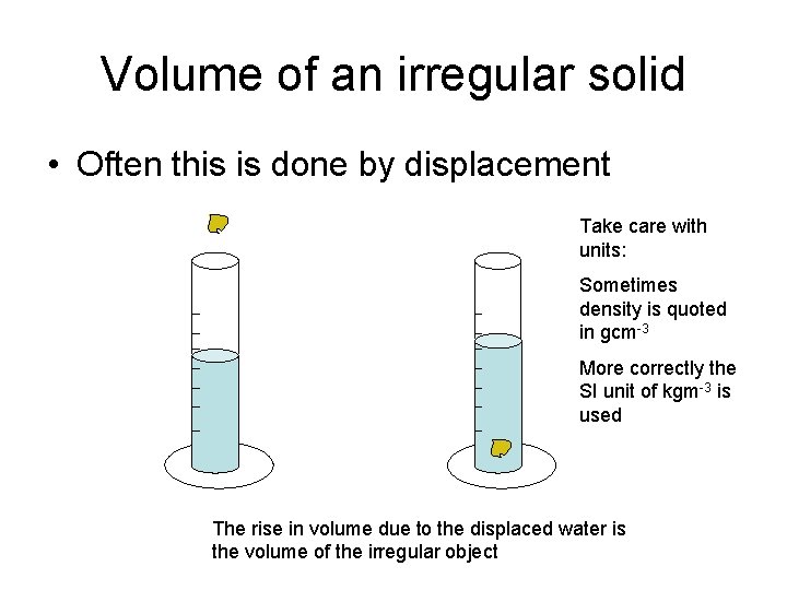 Volume of an irregular solid • Often this is done by displacement Take care