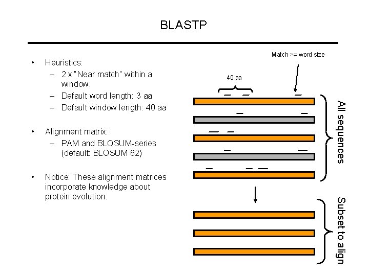 BLASTP • Alignment matrix: – PAM and BLOSUM-series (default: BLOSUM 62) • Notice: These