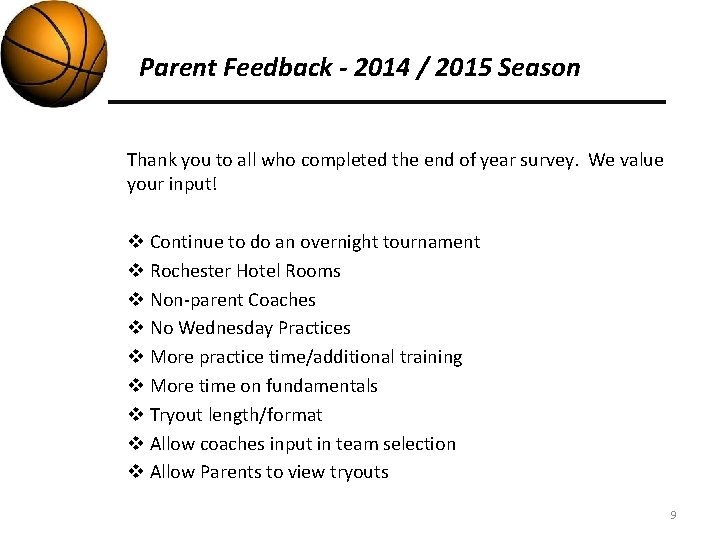 Parent Feedback - 2014 / 2015 Season Thank you to all who completed the