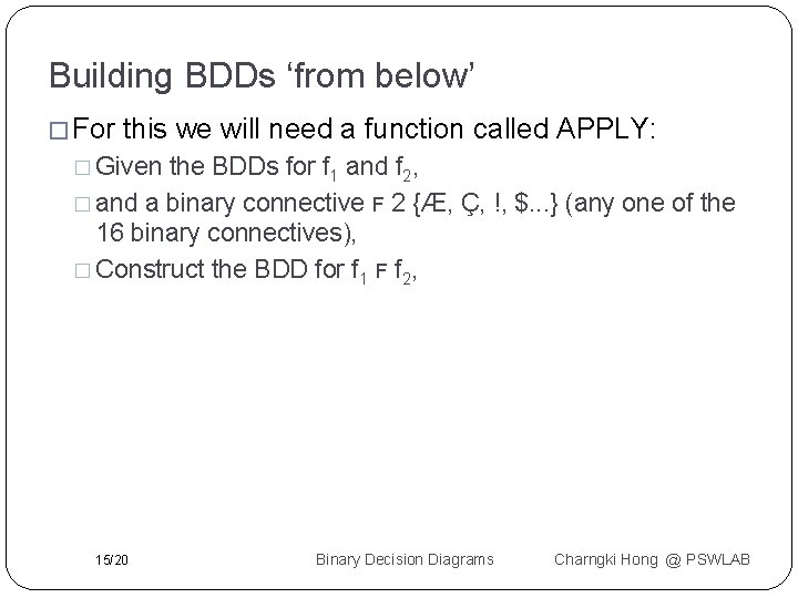 Building BDDs ‘from below’ � For this we will need a function called APPLY: