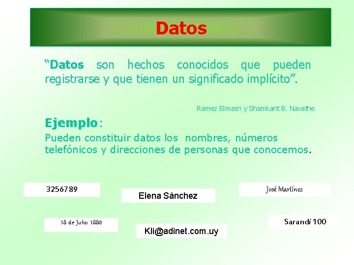 Datos “Datos son hechos conocidos que pueden registrarse y que tienen un significado implícito”.