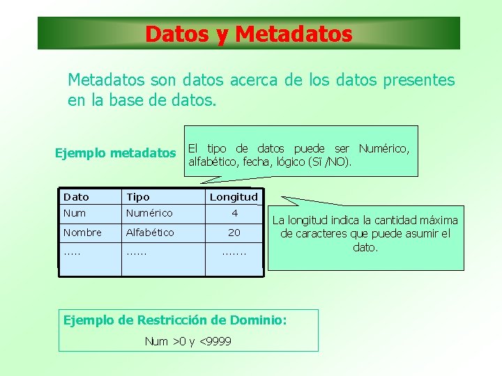 Datos y Metadatos son datos acerca de los datos presentes en la base de