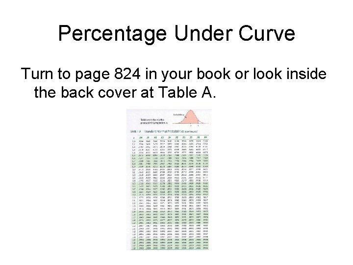 Percentage Under Curve Turn to page 824 in your book or look inside the