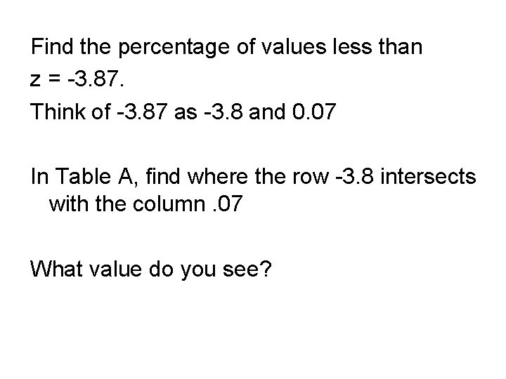 Find the percentage of values less than z = -3. 87. Think of -3.