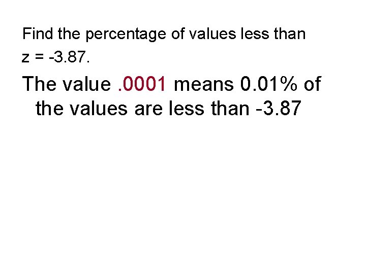 Find the percentage of values less than z = -3. 87. The value. 0001