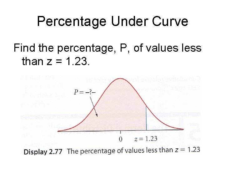 Percentage Under Curve Find the percentage, P, of values less than z = 1.