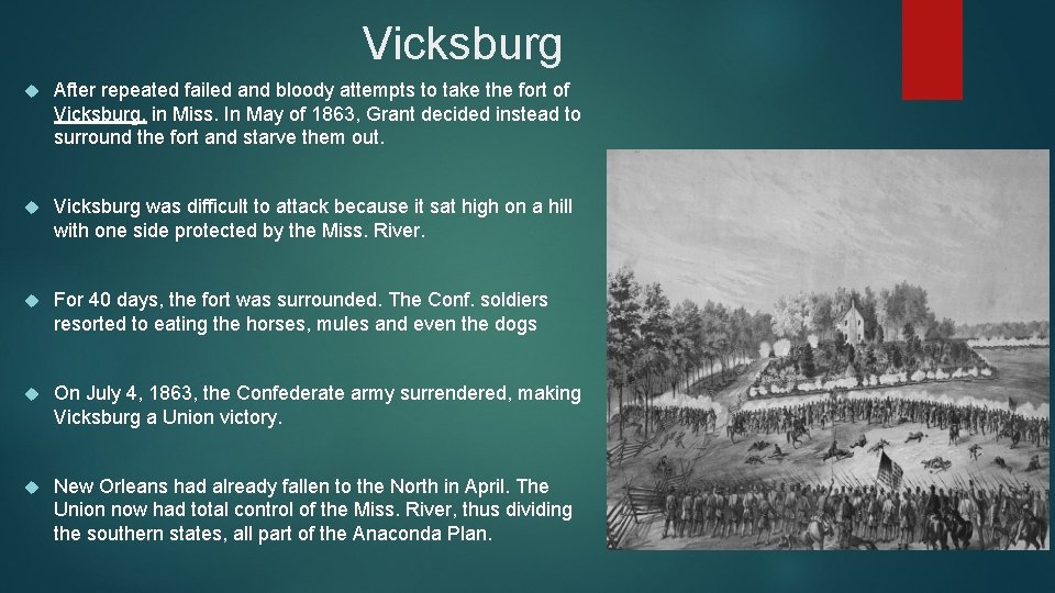 Vicksburg After repeated failed and bloody attempts to take the fort of Vicksburg, in