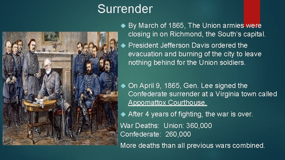 Surrender By March of 1865, The Union armies were closing in on Richmond, the