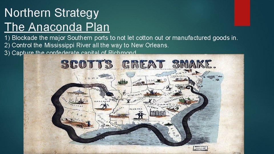 Northern Strategy The Anaconda Plan 1) Blockade the major Southern ports to not let