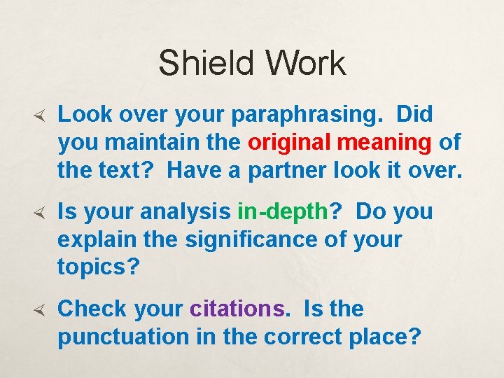 Shield Work Look over your paraphrasing. Did you maintain the original meaning of the