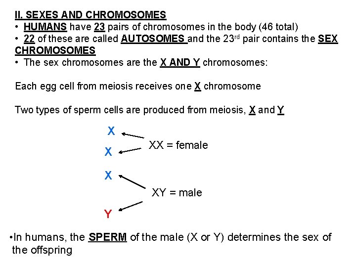 II. SEXES AND CHROMOSOMES • HUMANS have 23 pairs of chromosomes in the body