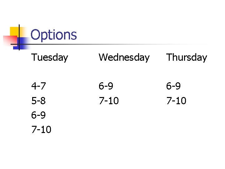 Options Tuesday Wednesday Thursday 4 -7 5 -8 6 -9 7 -10 