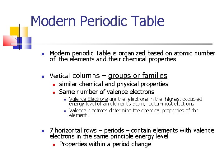 Modern Periodic Table Modern periodic Table is organized based on atomic number of the