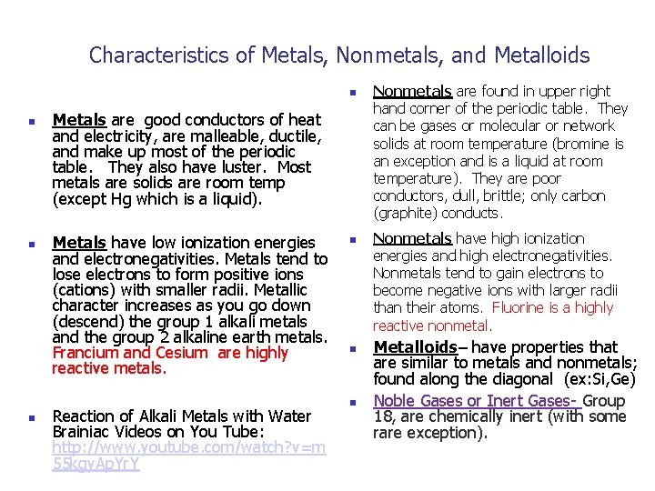 Characteristics of Metals, Nonmetals, and Metalloids Metals are good conductors of heat and electricity,