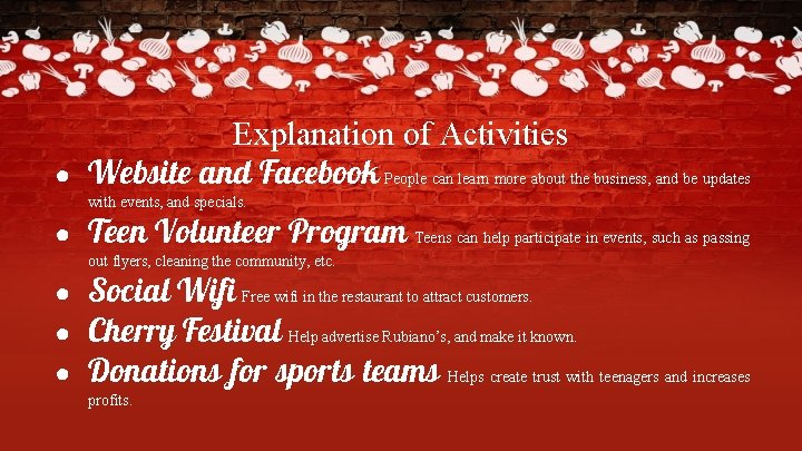 Explanation of Activities ● Website and Facebook People can learn more about the business,