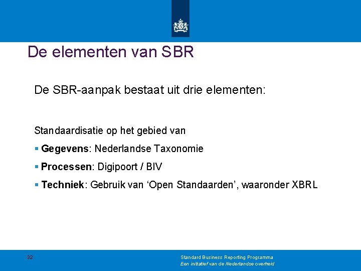 De elementen van SBR De SBR-aanpak bestaat uit drie elementen: Standaardisatie op het gebied