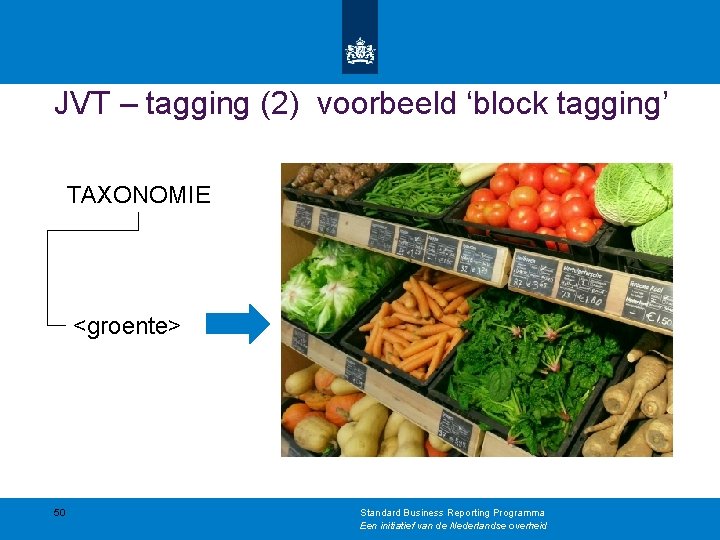 JVT – tagging (2) voorbeeld ‘block tagging’ TAXONOMIE <groente> 50 Standard Business Reporting Programma