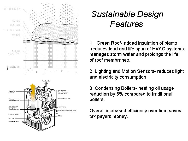 Sustainable Design Features 1. Green Roof- added insulation of plants reduces load and life