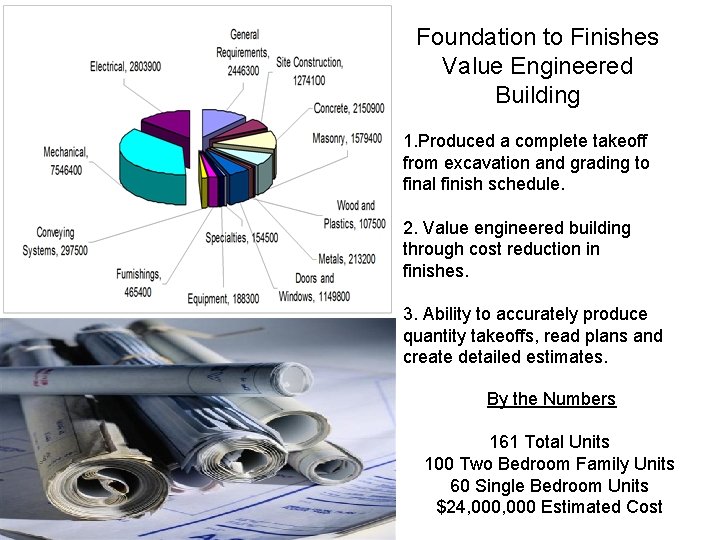 Foundation to Finishes Value Engineered Building 1. Produced a complete takeoff from excavation and