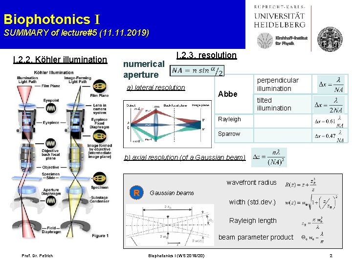 Biophotonics I SUMMARY of lecture#5 (11. 2019) I. 2. 2. Köhler illumination Kirchhoff-Institut für