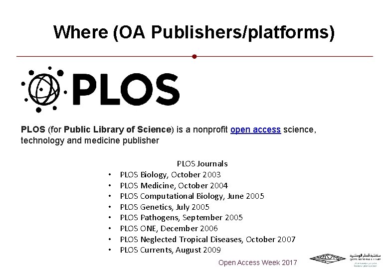 Where (OA Publishers/platforms) PLOS (for Public Library of Science) is a nonprofit open access