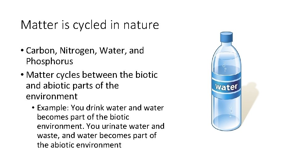 Matter is cycled in nature • Carbon, Nitrogen, Water, and Phosphorus • Matter cycles