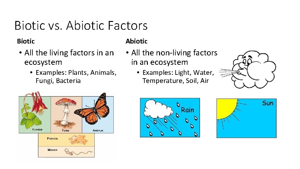 Biotic vs. Abiotic Factors Biotic Abiotic • All the living factors in an ecosystem