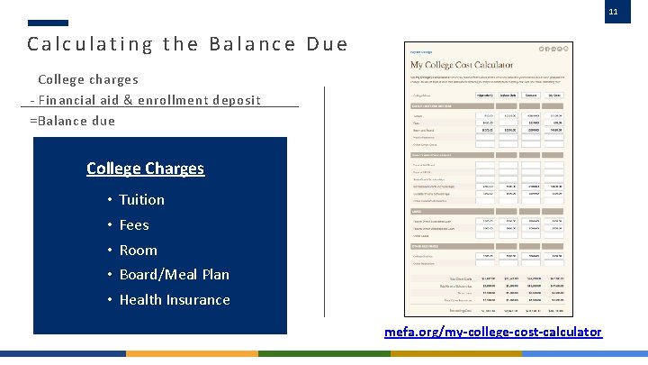 11 Calculating the Balance Due College charges - Financial aid & enrollment deposit =Balance