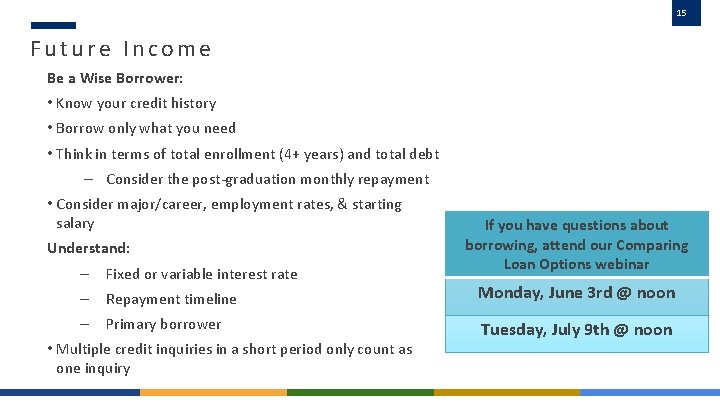 15 Future Income Be a Wise Borrower: • Know your credit history • Borrow