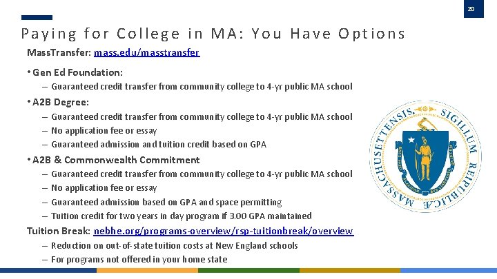 20 Paying for College in MA: You Have Options Mass. Transfer: mass. edu/masstransfer •