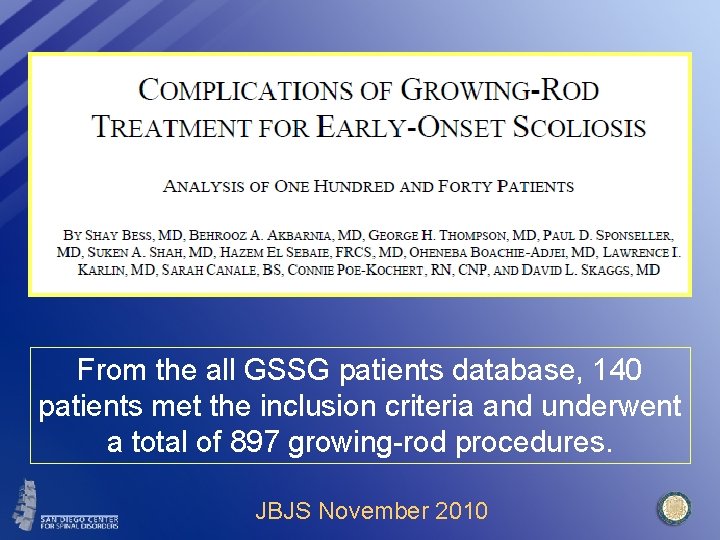 From the all GSSG patients database, 140 patients met the inclusion criteria and underwent