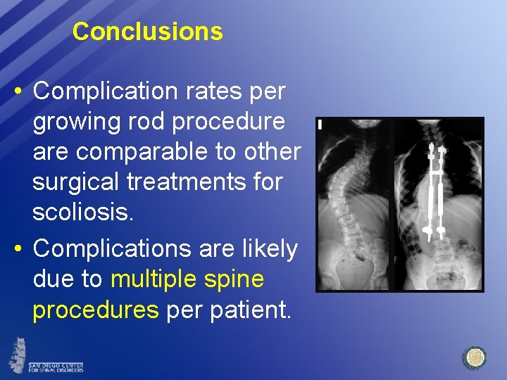 Conclusions • Complication rates per growing rod procedure are comparable to other surgical treatments