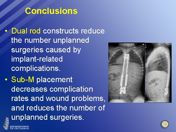 Conclusions • Dual rod constructs reduce the number unplanned surgeries caused by implant-related complications.