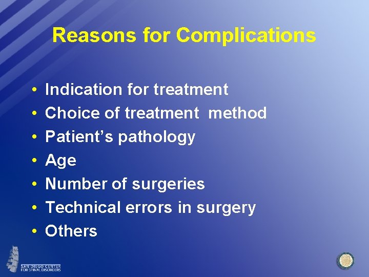 Reasons for Complications • • Indication for treatment Choice of treatment method Patient’s pathology