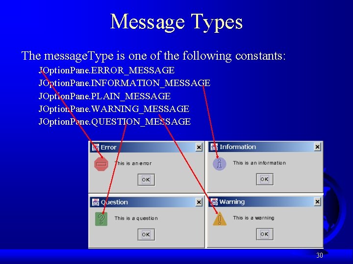 Message Types The message. Type is one of the following constants: JOption. Pane. ERROR_MESSAGE